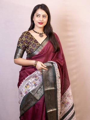 Rajwada Maroon Silk Blend Woven Saree For Women