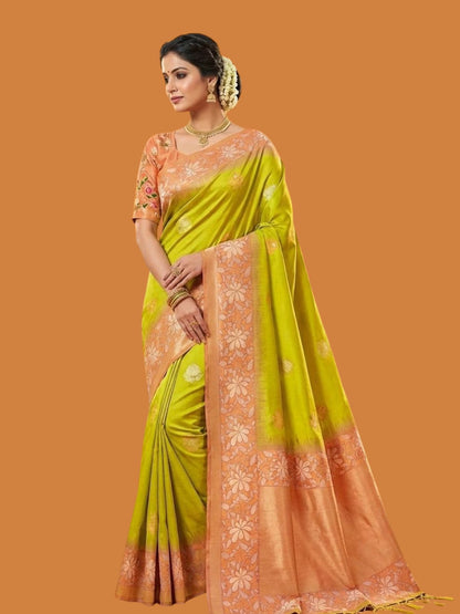 Rajwada Lime Green Silk Blend Woven Saree For Women