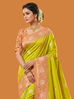 Rajwada Lime Green Silk Blend Woven Saree For Women