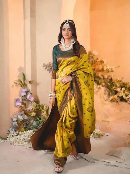 Rajwada Yellow Silk Printed Saree For Women
