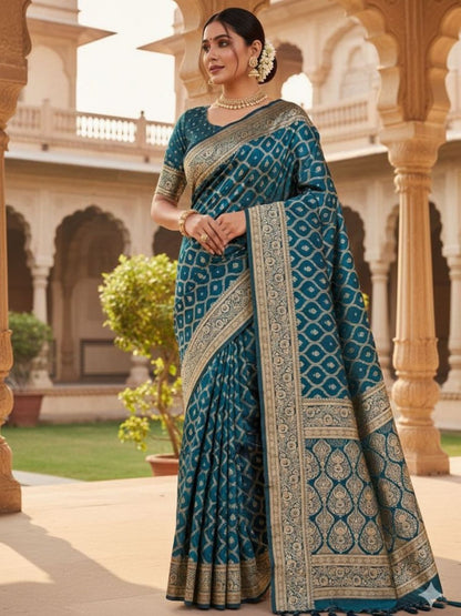 Rajwada Teal Blue Silk Printed Saree For Women