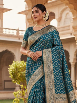 Rajwada Teal Blue Silk Printed Saree For Women
