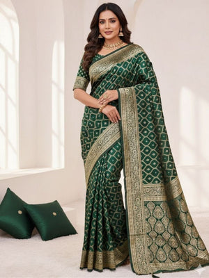 Rajwada Dark Green Silk Printed Saree For Women