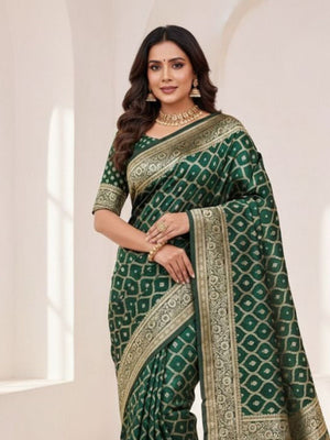 Rajwada Dark Green Silk Printed Saree For Women