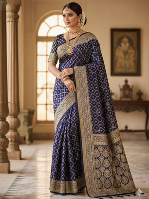 Rajwada Navy Blue Silk Printed Saree For Women