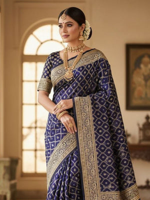 Rajwada Navy Blue Silk Printed Saree For Women