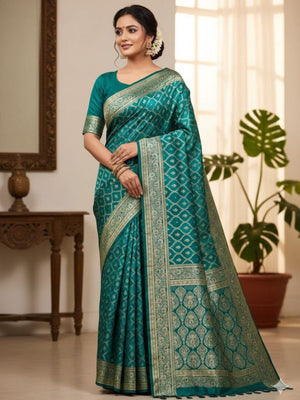Rajwada Teal Green Silk Woven Saree For Women