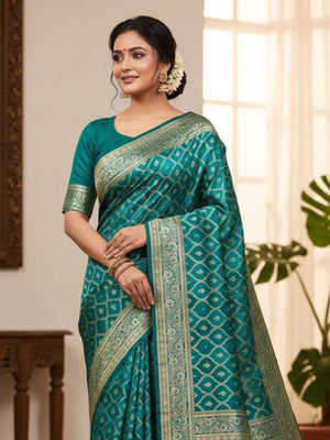 Rajwada Teal Green Silk Woven Saree For Women
