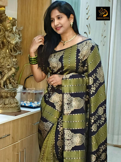 Rajwada Olive Green Silk Blend Woven Saree For Women