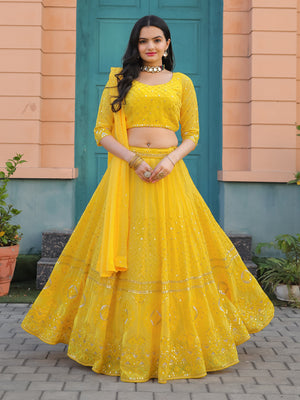 Rajwada Yellow Georgette Embellished Semi Stitched Lehenga With Unstitched Blouse For Women