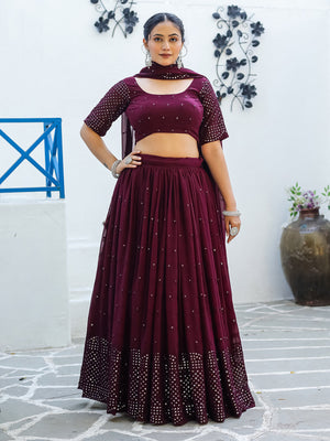 Rajwada Wine Georgette Embellished Semi Stitched Lehenga With Unstitched Blouse For Women