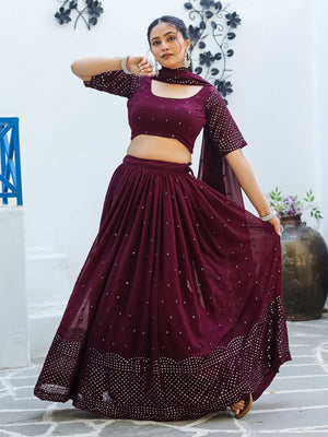 Rajwada Wine Georgette Embellished Semi Stitched Lehenga With Unstitched Blouse For Women