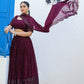 Rajwada Wine Georgette Embellished Semi Stitched Lehenga With Unstitched Blouse For Women