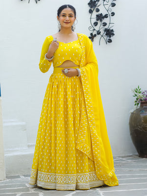 Rajwada Yellow Georgette Embellished Semi Stitched Lehenga With Unstitched Blouse For Women