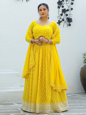 Rajwada Yellow Georgette Embellished Semi Stitched Lehenga With Unstitched Blouse For Women