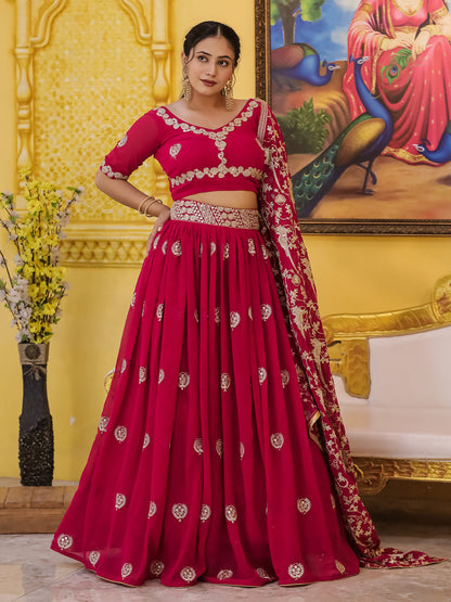 Rajwada Magenta Georgette Embroidered Semi Stitched Lehenga With Unstitched Blouse For Women