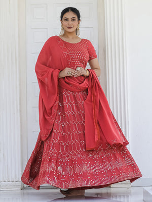 Rajwada Red Georgette Embellished Semi Stitched Lehenga With Unstitched Blouse For Women