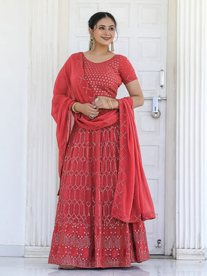 Rajwada Red Georgette Embellished Semi Stitched Lehenga With Unstitched Blouse For Women