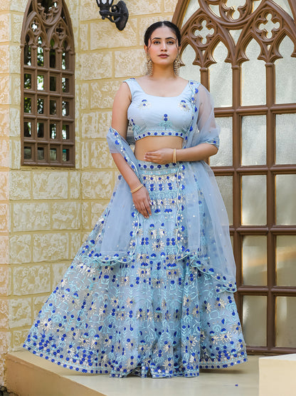 Rajwada Blue Net Embroidered Semi Stitched Lehenga With Unstitched Blouse For Women
