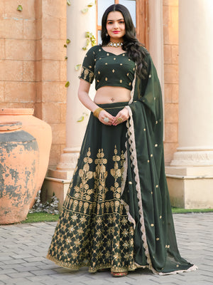 Rajwada Green Georgette Embroidered Semi Stitched Lehenga With Unstitched Blouse For Women
