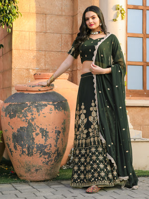 Rajwada Green Georgette Embroidered Semi Stitched Lehenga With Unstitched Blouse For Women