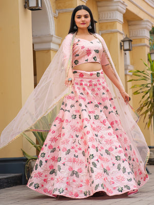 Rajwada Pink Silk Embroidered Semi Stitched Lehenga With Unstitched Blouse For Women