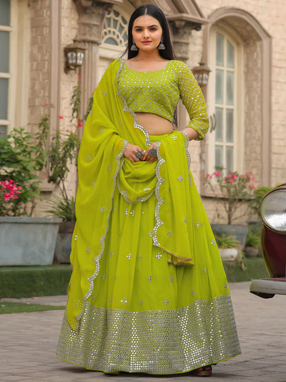 Rajwada Green Georgette Embellished Semi Stitched Lehenga With Unstitched Blouse For Women