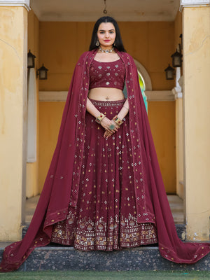 Rajwada Wine Georgette Embellished Semi Stitched Lehenga With Unstitched Blouse For Women