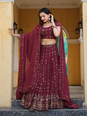 Rajwada Wine Georgette Embellished Semi Stitched Lehenga With Unstitched Blouse For Women