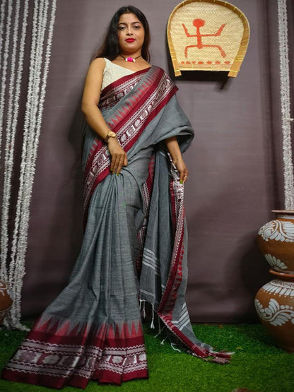 Rajwada Grey Cotton Saree With Unstitched Blouse For Women