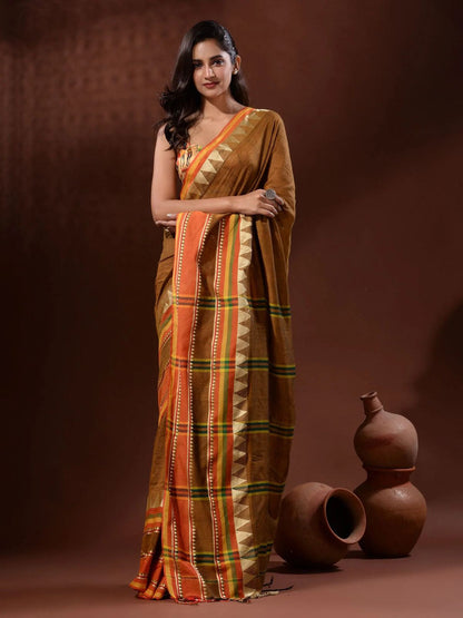Rajwada Mustard Temple Border Cotton Blend Saree  With Unstitched Blouse for Women