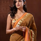 Rajwada Mustard Temple Border Cotton Blend Saree  With Unstitched Blouse for Women