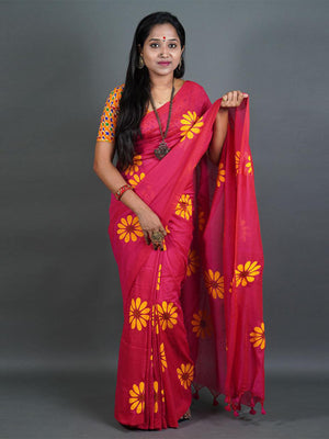 Rajwada Pink Printed Cotton Saree With Unstitched Blouse For Women