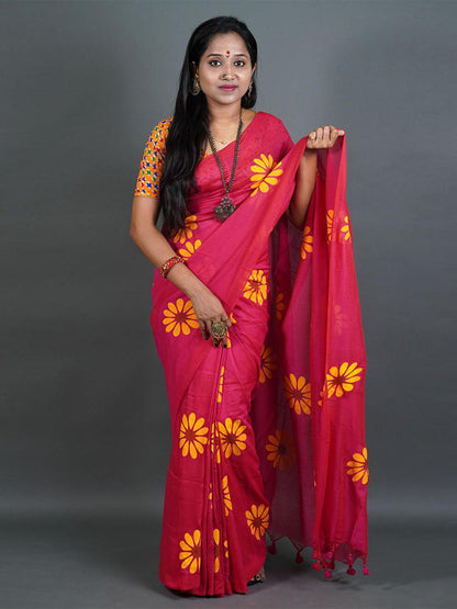 Rajwada Pink Printed Cotton Saree With Unstitched Blouse For Women