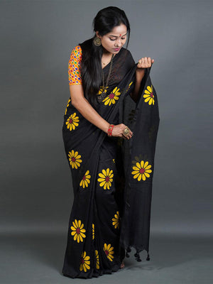 Rajwada Black Printed Cotton Saree With Unstitched Blouse For Women