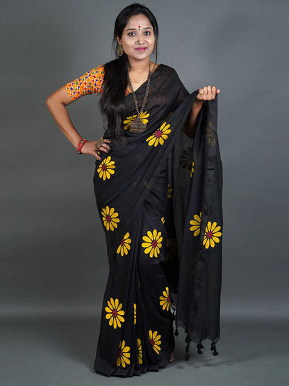 Rajwada Black Printed Cotton Saree With Unstitched Blouse For Women