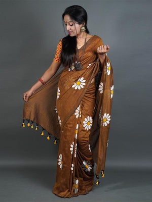 Rajwada Brown Printed Cotton Saree With Unstitched Blouse For Women