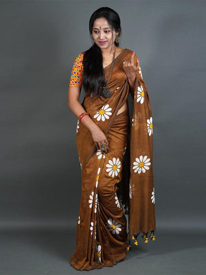 Rajwada Brown Printed Cotton Saree With Unstitched Blouse For Women