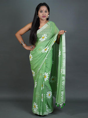 Rajwada Green Printed Cotton Saree With Unstitched Blouse For Women