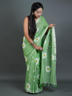 Rajwada Green Printed Cotton Saree With Unstitched Blouse For Women