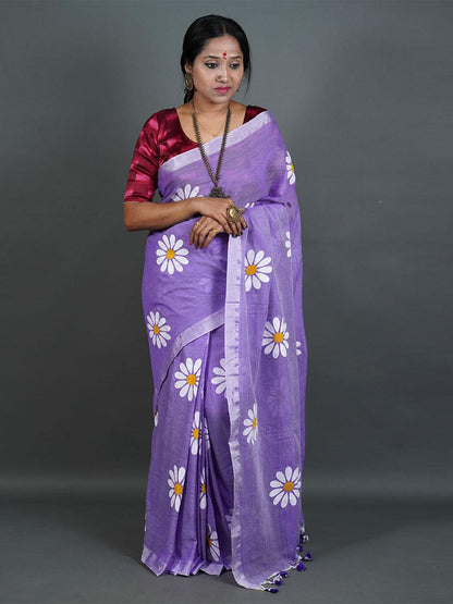 Rajwada Purple Printed Cotton Saree With Unstitched Blouse For Women