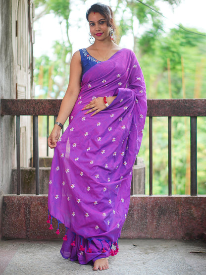 Rajwada Purple Embroidered Cotton Saree With Unstitched Blouse For Women