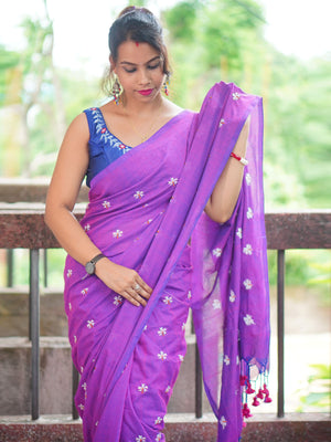 Rajwada Purple Embroidered Cotton Saree With Unstitched Blouse For Women