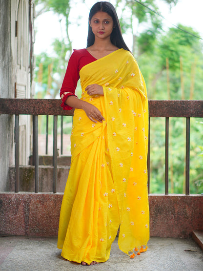 Rajwada Yellow Embroidered Cotton Saree With Unstitched Blouse For Women