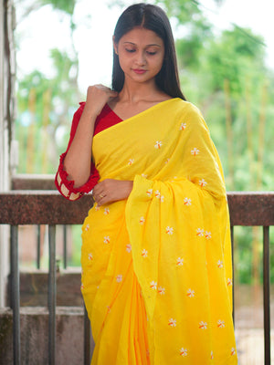 Rajwada Yellow Embroidered Cotton Saree With Unstitched Blouse For Women