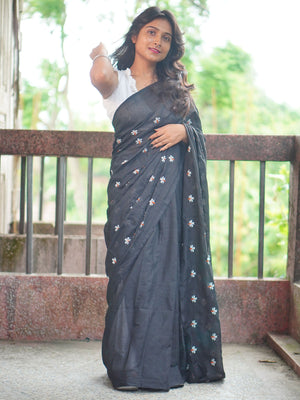 Rajwada Black Embroidered Cotton Saree With Unstitched Blouse For Women