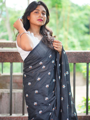 Rajwada Black Embroidered Cotton Saree With Unstitched Blouse For Women