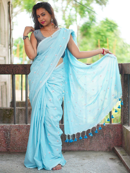 Rajwada Blue Embroidered Cotton Saree With Unstitched Blouse For Women