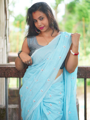 Rajwada Blue Embroidered Cotton Saree With Unstitched Blouse For Women