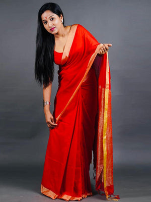 Rajwada Red Solid Cotton Saree With Unstitched Blouse for Women